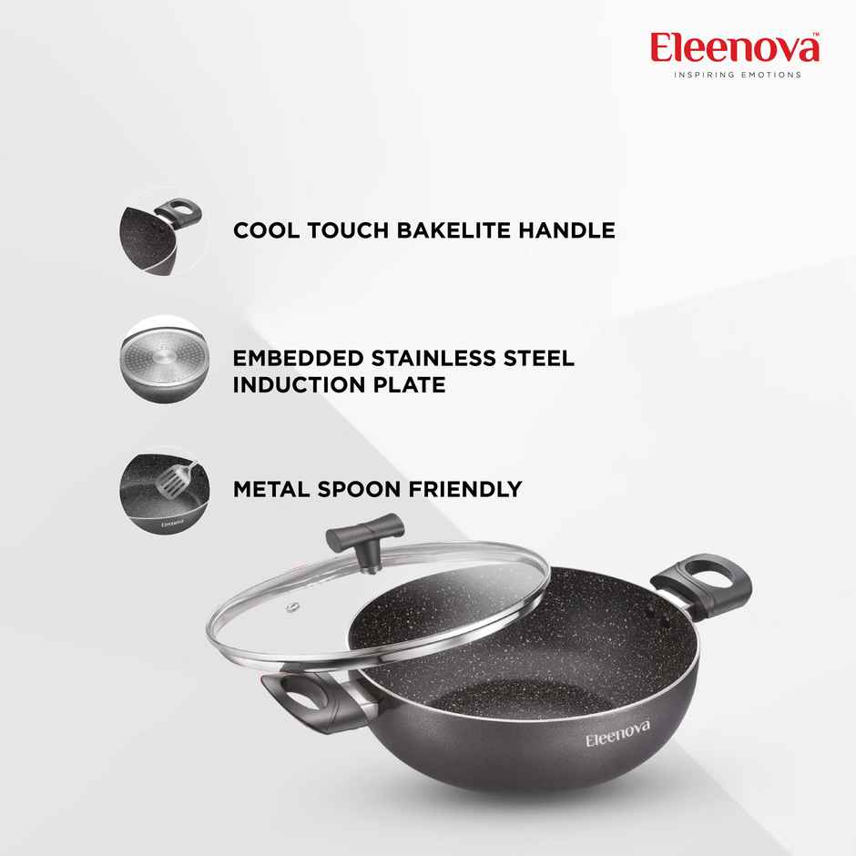 Eleenova Aspire Non | Stick Cookware | Kadai With Glass Lid 24 Cm