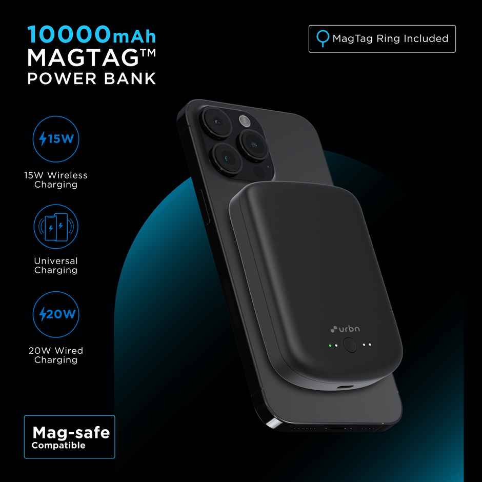 URBN 10000 mAh Magsafe Power Bank | 15W Fast Wireless Charging | Type C Input/Output (Black)