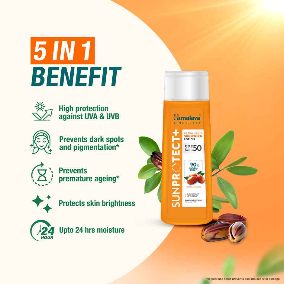 Himalaya SunProtect+ Ultra Light Sunscreen Lotion | SPF 50 PA+++ | 90% Natural Origin Ingredients