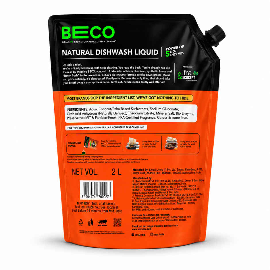 Beco Natural Orange Citrus Freshness Dishwash Liquid Refill