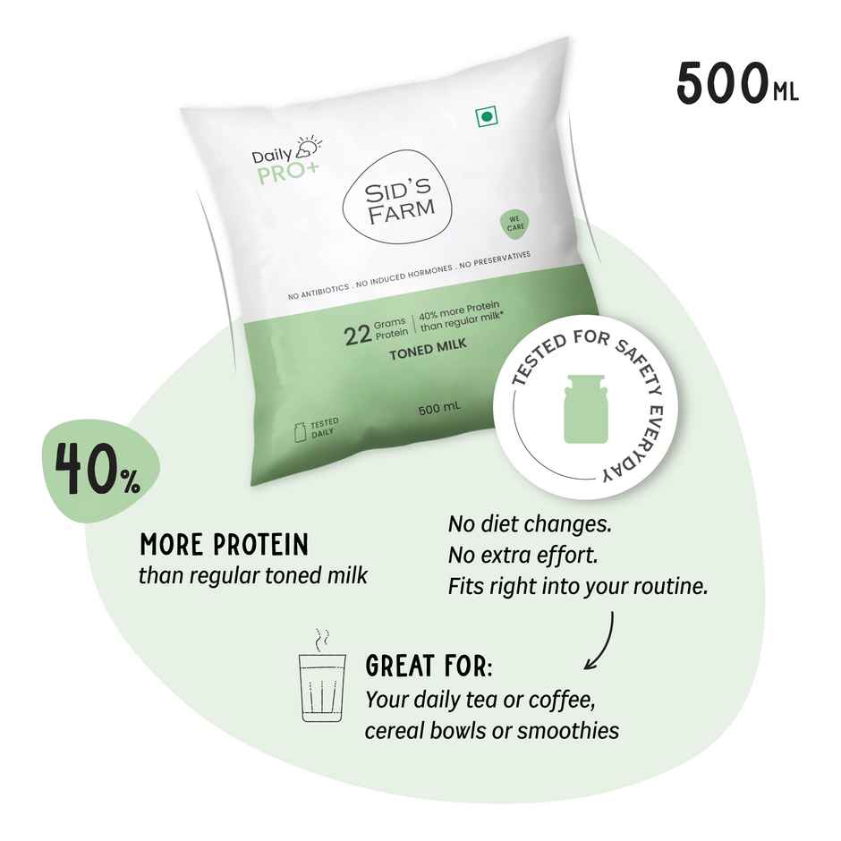 Sid's Farm Tested High Protein Toned Milk - No Antibiotics | No Hormones | No Preservatives