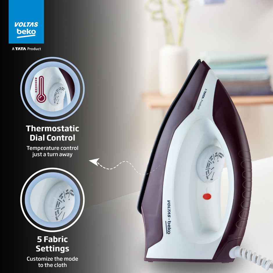 Voltas Beko | I1000VD-BGWH | A Tata Product 1000 W Dry Iron, Cord length 1.6m | Burgundy & White