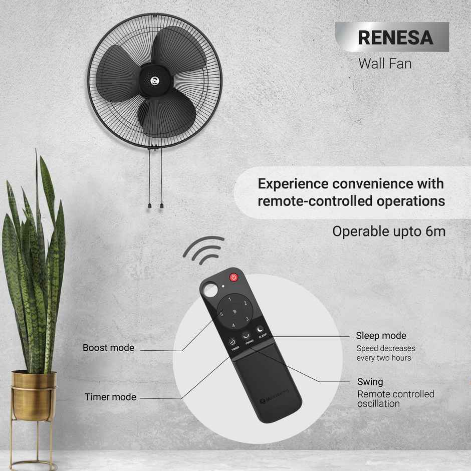 Atomberg Renesa BLDC Wall Mount Fan, 400mm, Remote Control, Timer & Sleep Control, Midnight Black