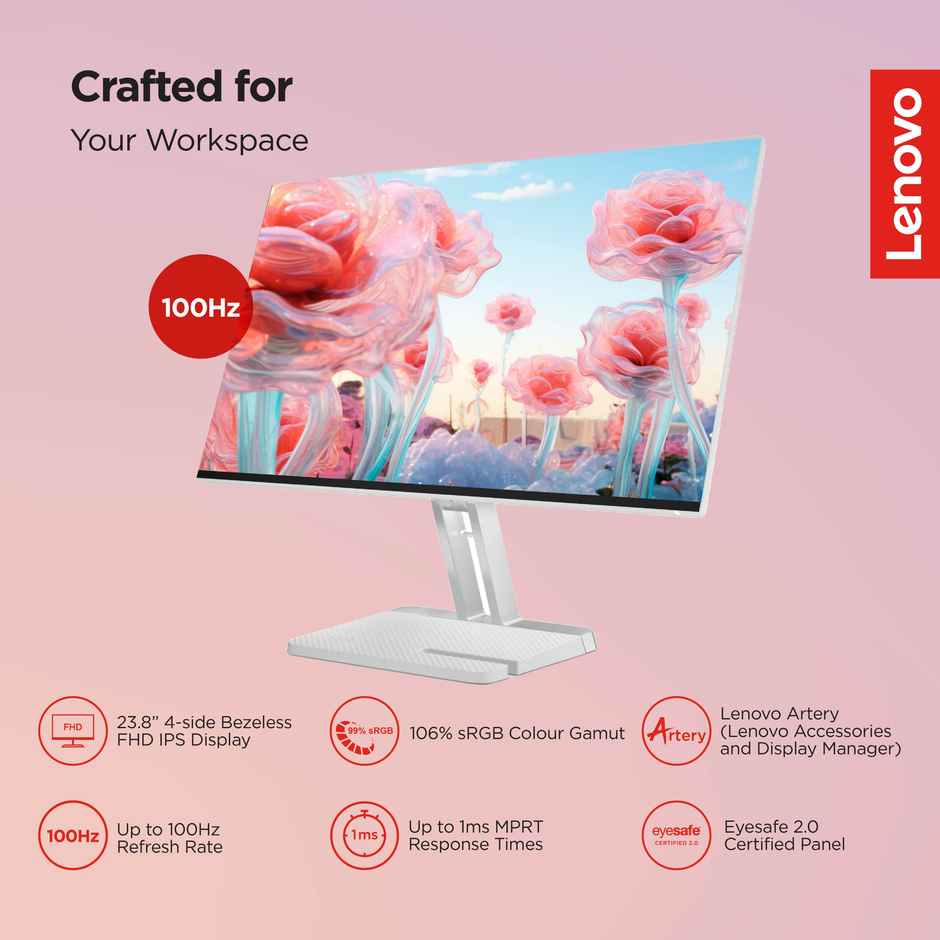 Lenovo L24i-4A, 24 in FHD IPS Monitor,100 Hz, 2x3W Speakers | Cloud Grey