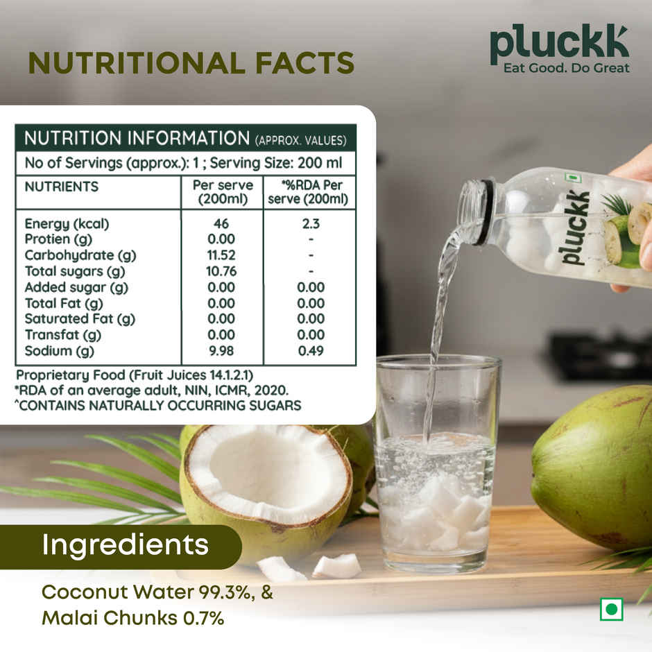 Pluckk Natural Tender Coconut Water With Real Malai Chunks|Hydration With Potassium & Electrolytes