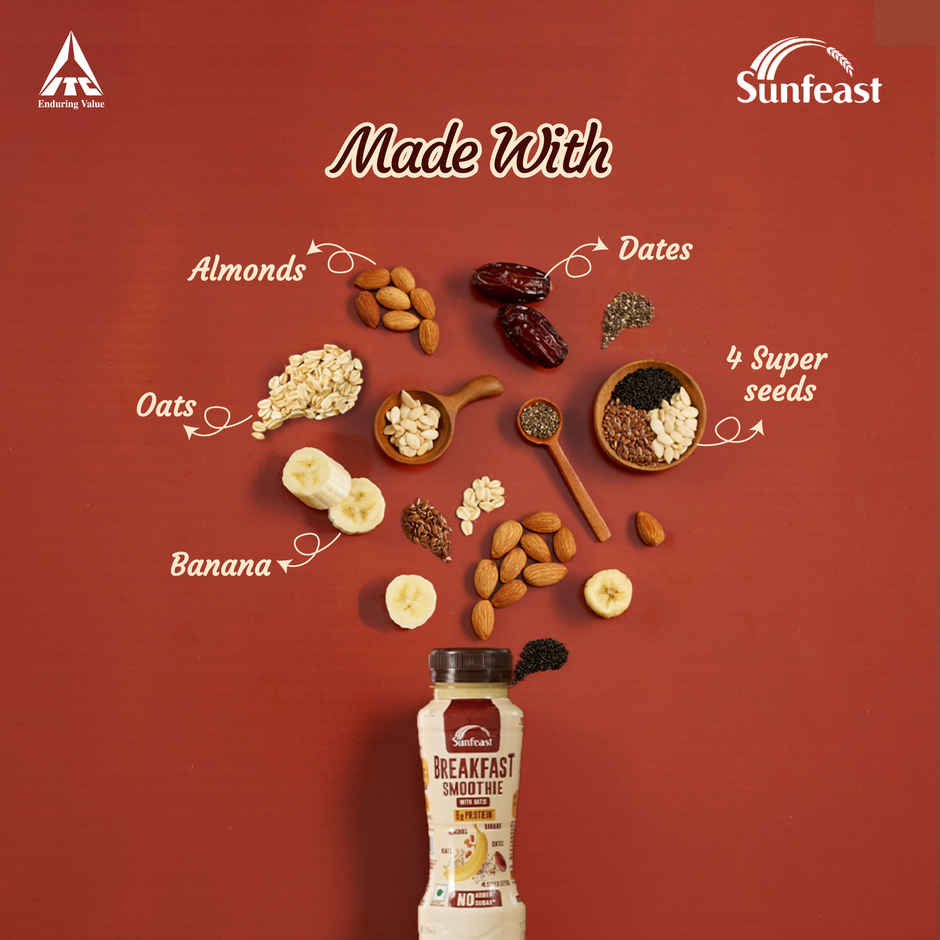 Sunfeast Breakfast Smoothie with Oats- No Added Sugar, 6g Protein