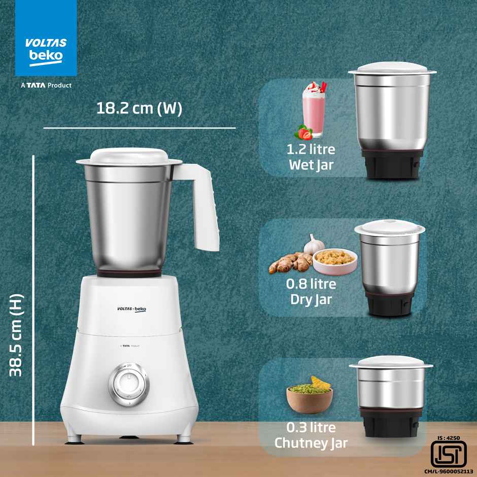Voltas Beko A Tata Product Mixer Grinder With Grindx Technology G5003Hp | Wh | 500 W | 3 Jar | White