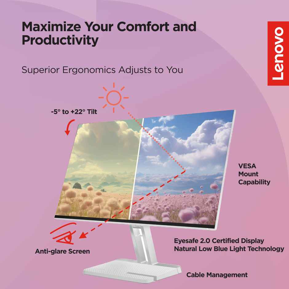 Lenovo L24i-4A, 24 in FHD IPS Monitor,100 Hz, 2x3W Speakers | Cloud Grey