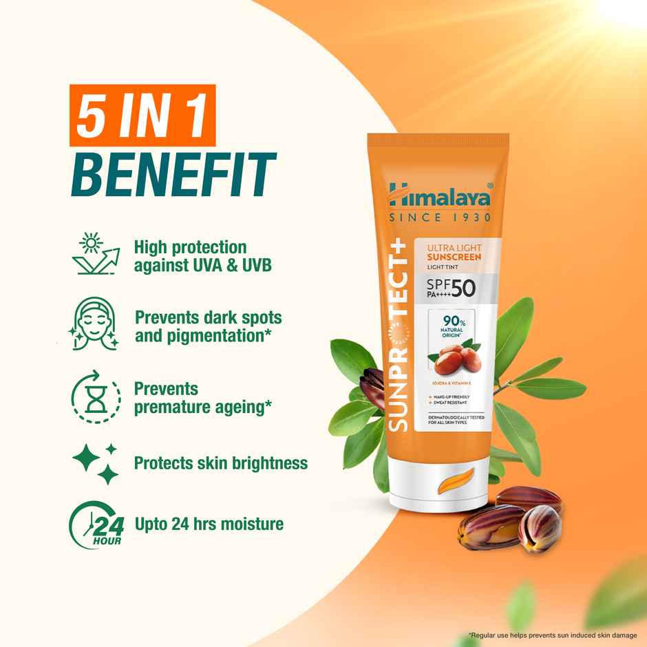 Himalaya SunProtect+ Ultra Light Sunscreen Light Tint | SPF 50 PA+++|90% Natural Origin Ingredients