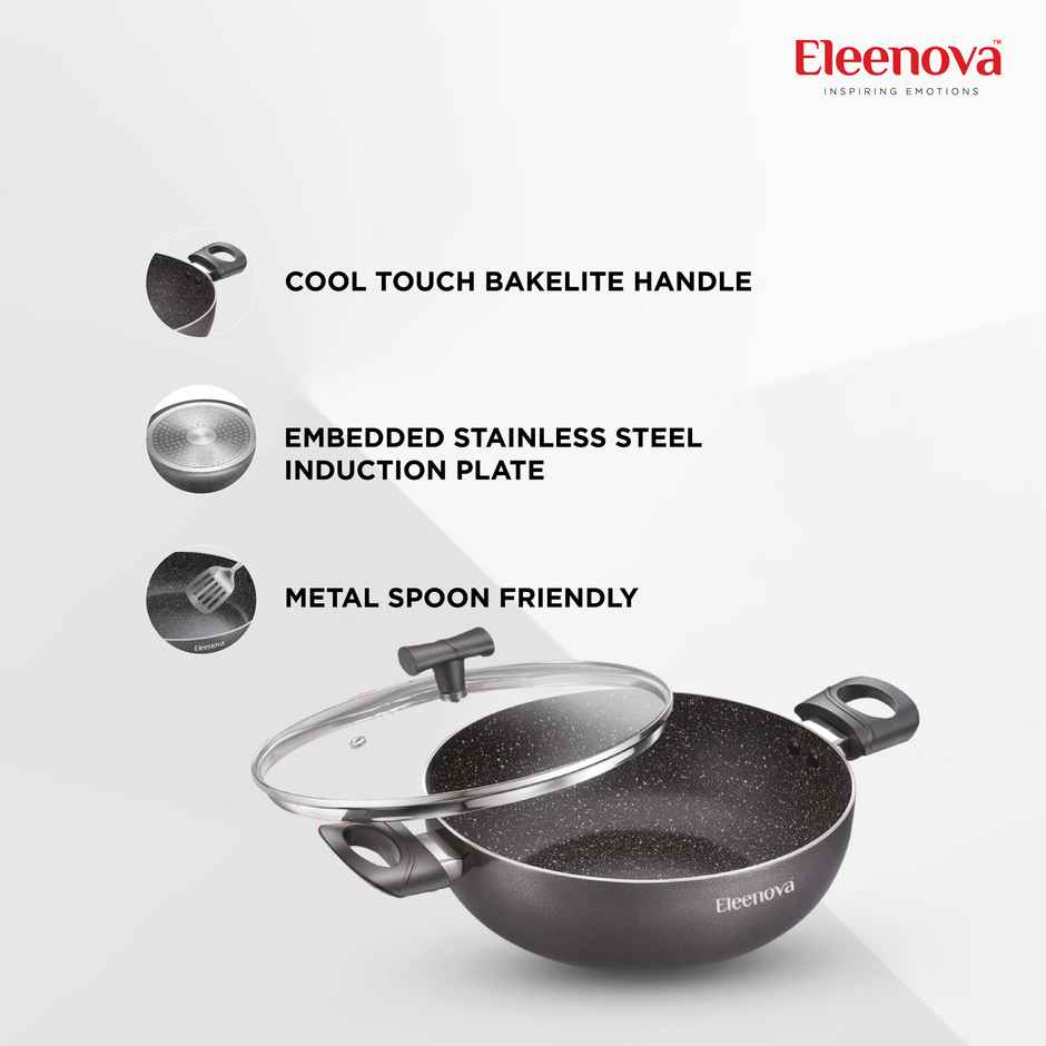 Eleenova Aspire Non | Stick Cookware | Kadai With Glass Lid 20 Cm