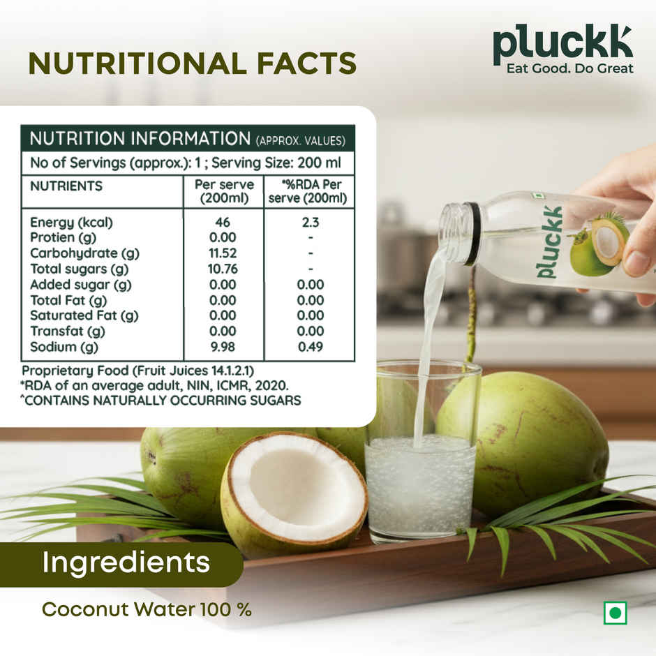 Pluckk Natural Tender Coconut Water | Hydration with Potassium & Electrolytes | No Preservatives