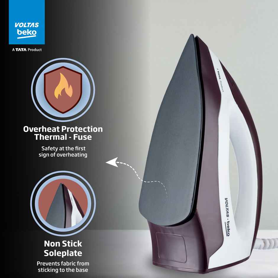 Voltas Beko | I1000VD-BGWH | A Tata Product 1000 W Dry Iron, Cord length 1.6m | Burgundy & White