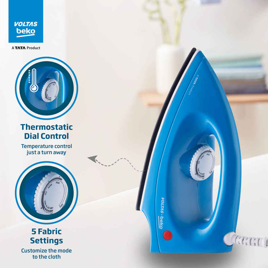 Voltas Beko A Tata Product 1000 W Dry Iron With Crease-Busting Greblon Soleplate I1000Vd-Bu,(Blue)