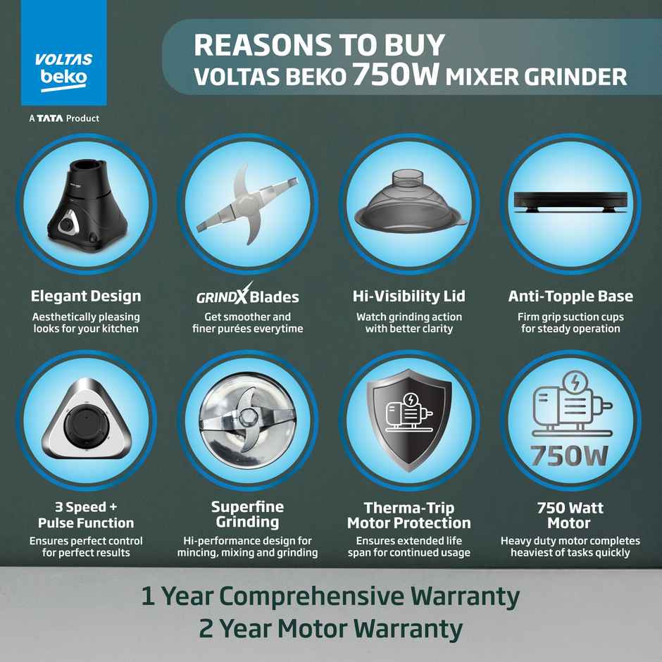 Voltas Beko A Tata Product Mixer Grinder With Grindx Technology G7503Hp-Bl | 750 W | 3 Jar - Black