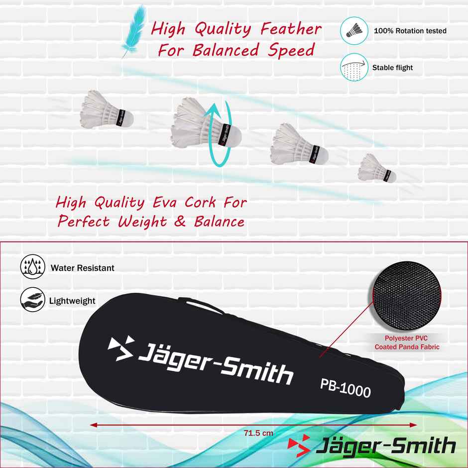 Jager-Smith Pb-1000 Combo, Jsbn-101 & Featherlite 2 Shuttle Badminton Kit (Made In India) (Red)