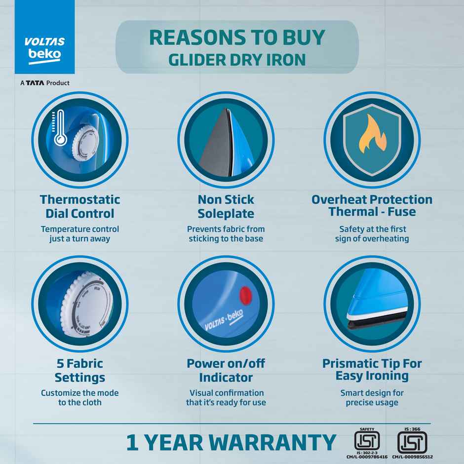 Voltas Beko A Tata Product 1000 W Dry Iron With Crease-Busting Greblon Soleplate I1000Vd-Bu,(Blue)