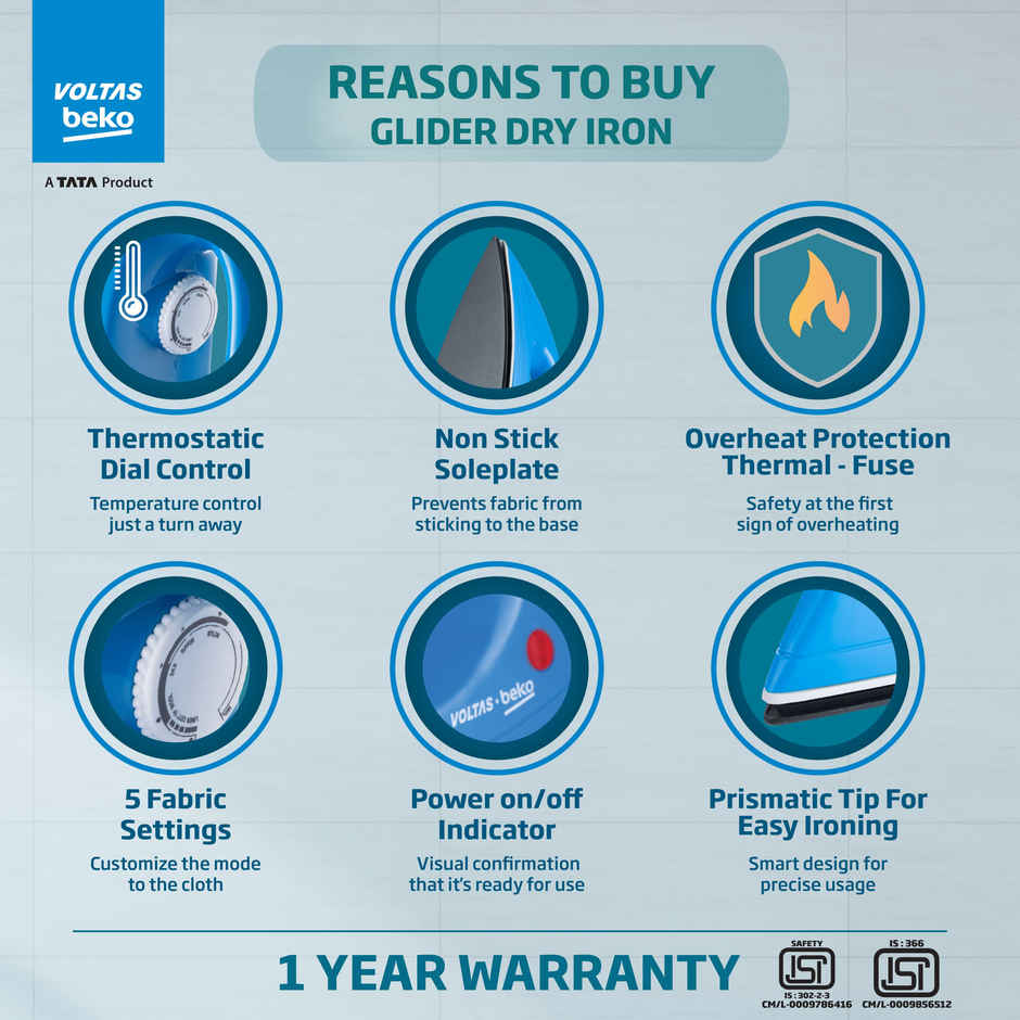 Voltas Beko A Tata Product 1000 W Dry Iron With Crease-Busting Greblon Soleplate I1000Vd-Bu,(Blue)