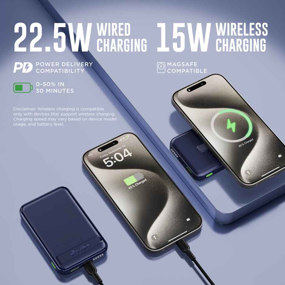 URBN Mag Safe Wireless Power Bank 10000mAh with Stand, 22.5W Fast Charge | iPhone & Qi Devices Blue