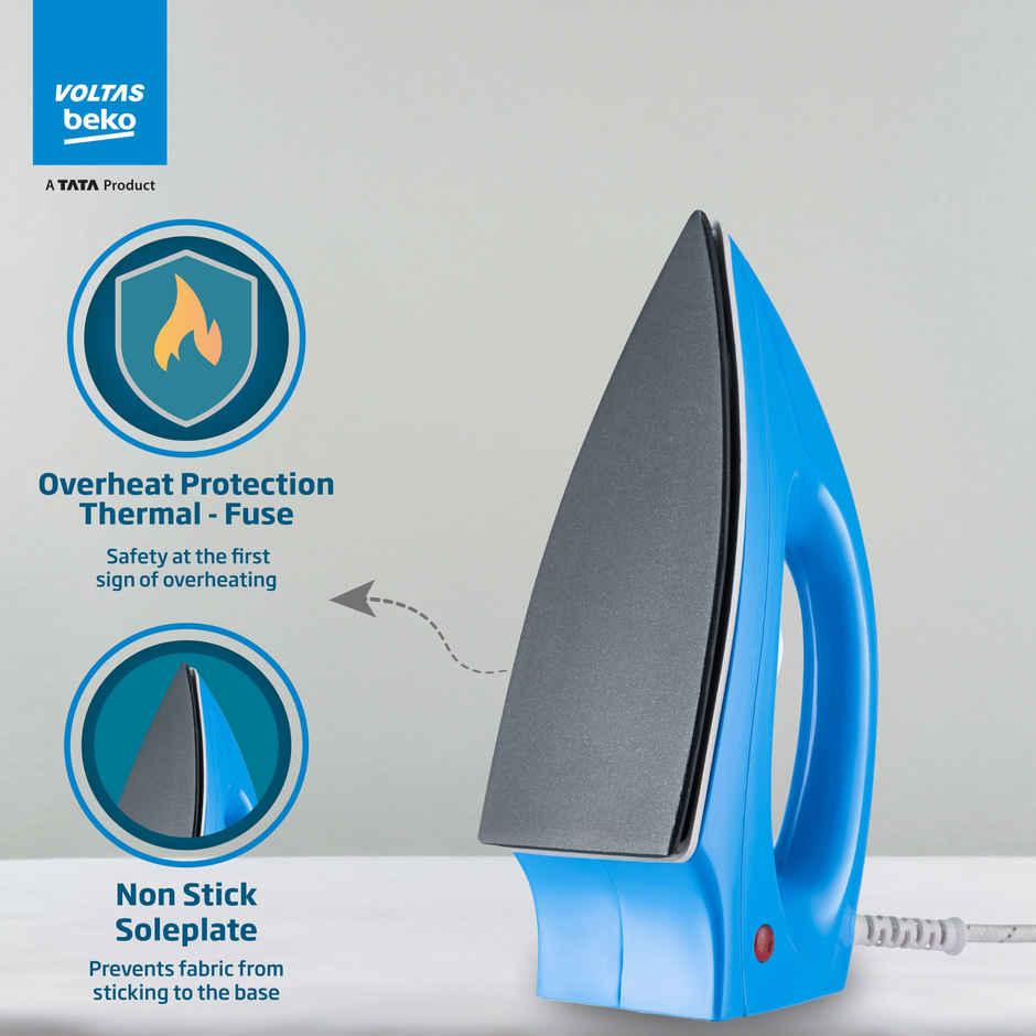 Voltas Beko A Tata Product 1000 W Dry Iron With Crease-Busting Greblon Soleplate I1000Vd-Bu,(Blue)