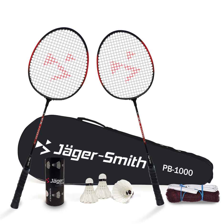 Jager-Smith Pb-1000 Combo, Jsbn-101 & Featherlite 2 Shuttle Badminton Kit (Made In India) (Red)