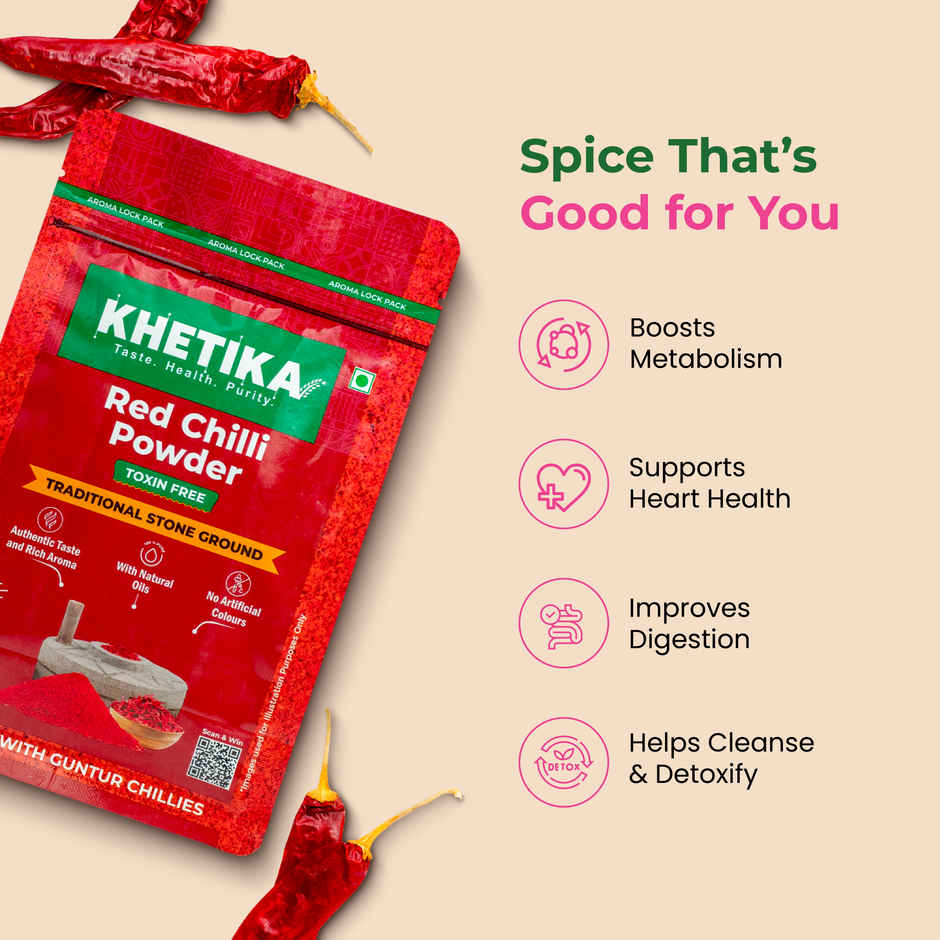 Khetika Red Chilli Powder | Guntur Chilli | Stone Ground | Toxin Free | No Added Preservatives