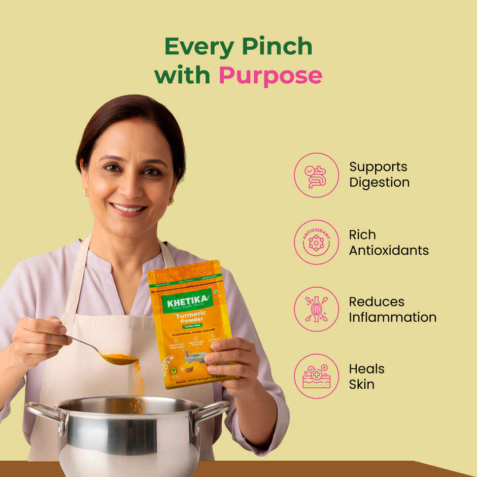 Khetika Stone Ground Turmeric Powder, Single Origin, With Natural Oils, High Curcumin,Reusable Pouch