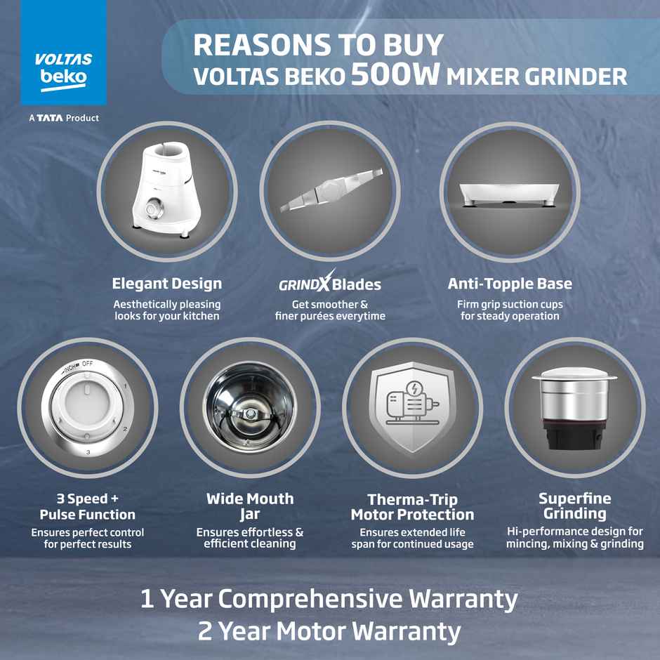 Voltas Beko A Tata Product Mixer Grinder With Grindx Technology G5003Hp | Wh | 500 W | 3 Jar | White