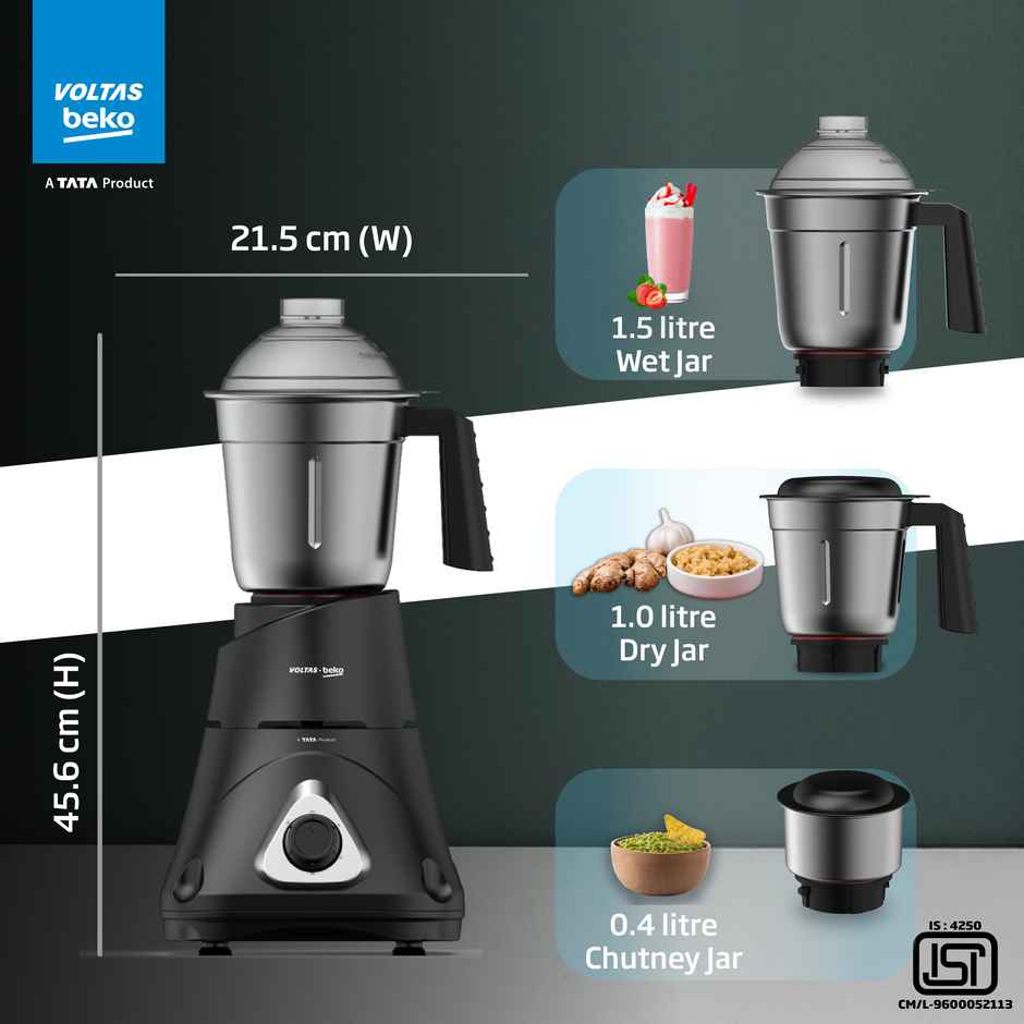 Voltas Beko A Tata Product Mixer Grinder With Grindx Technology G7503Hp-Bl | 750 W | 3 Jar - Black
