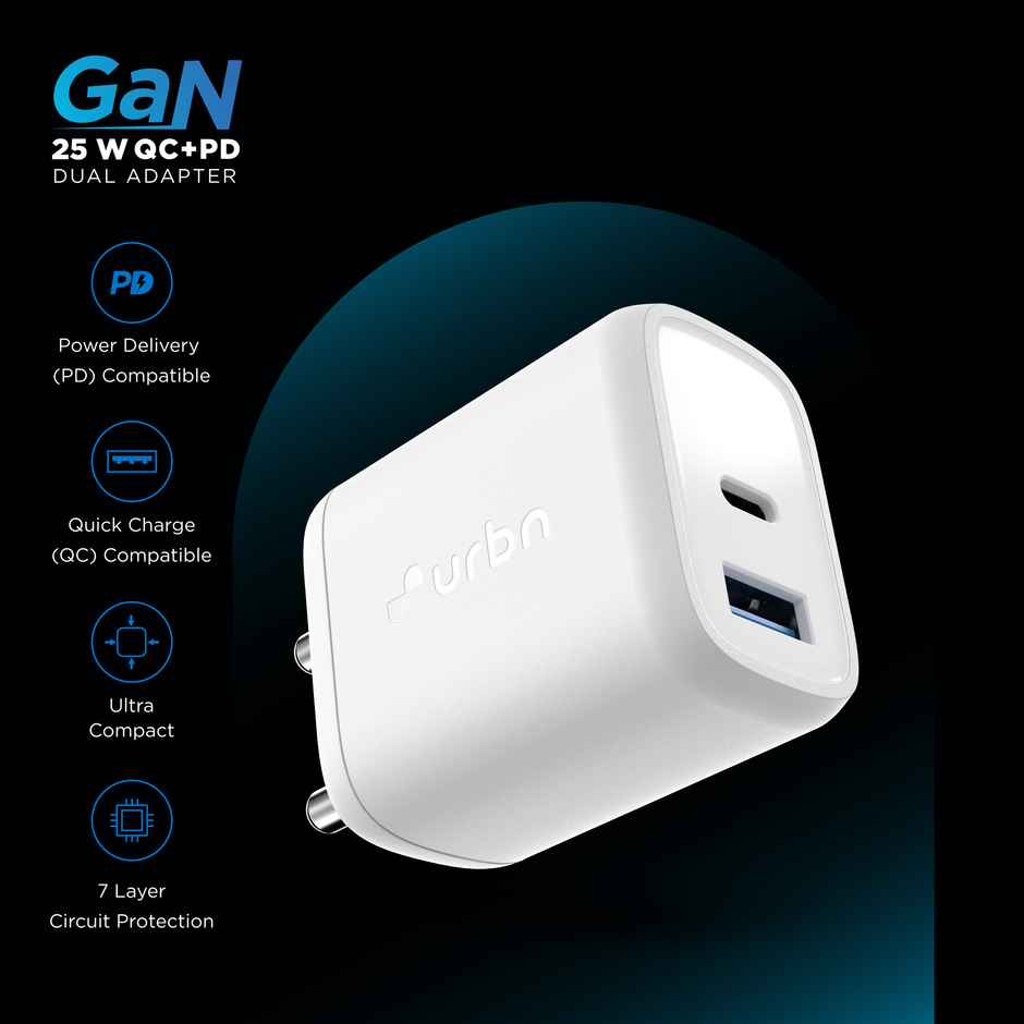 URBN 25W Dual USB-C GaN Fast Charging Travel Adapter | iPhone, Samsung | Pixel & Android White