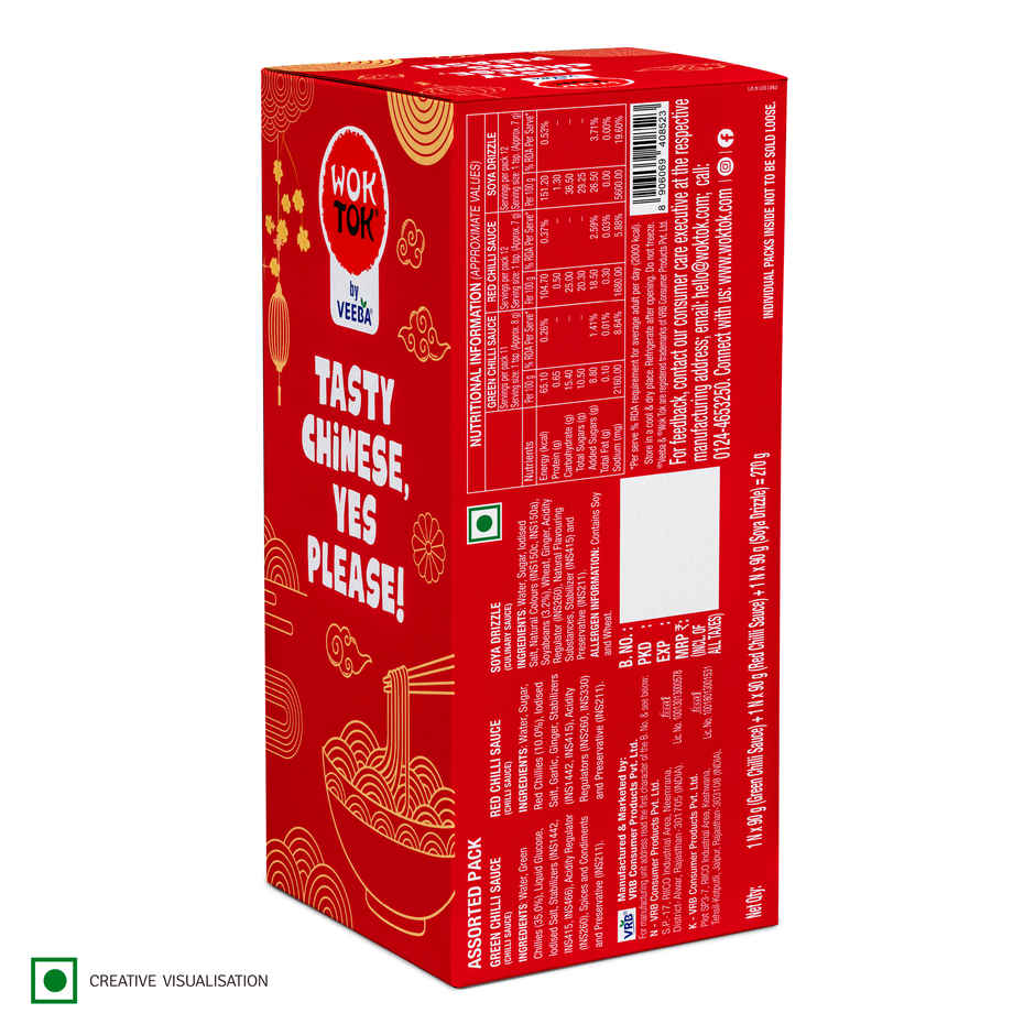 Wok Tok By Veeba Green Chilli Sauce + Red Chilli Sauce + Soya Sauce Pouch Combo