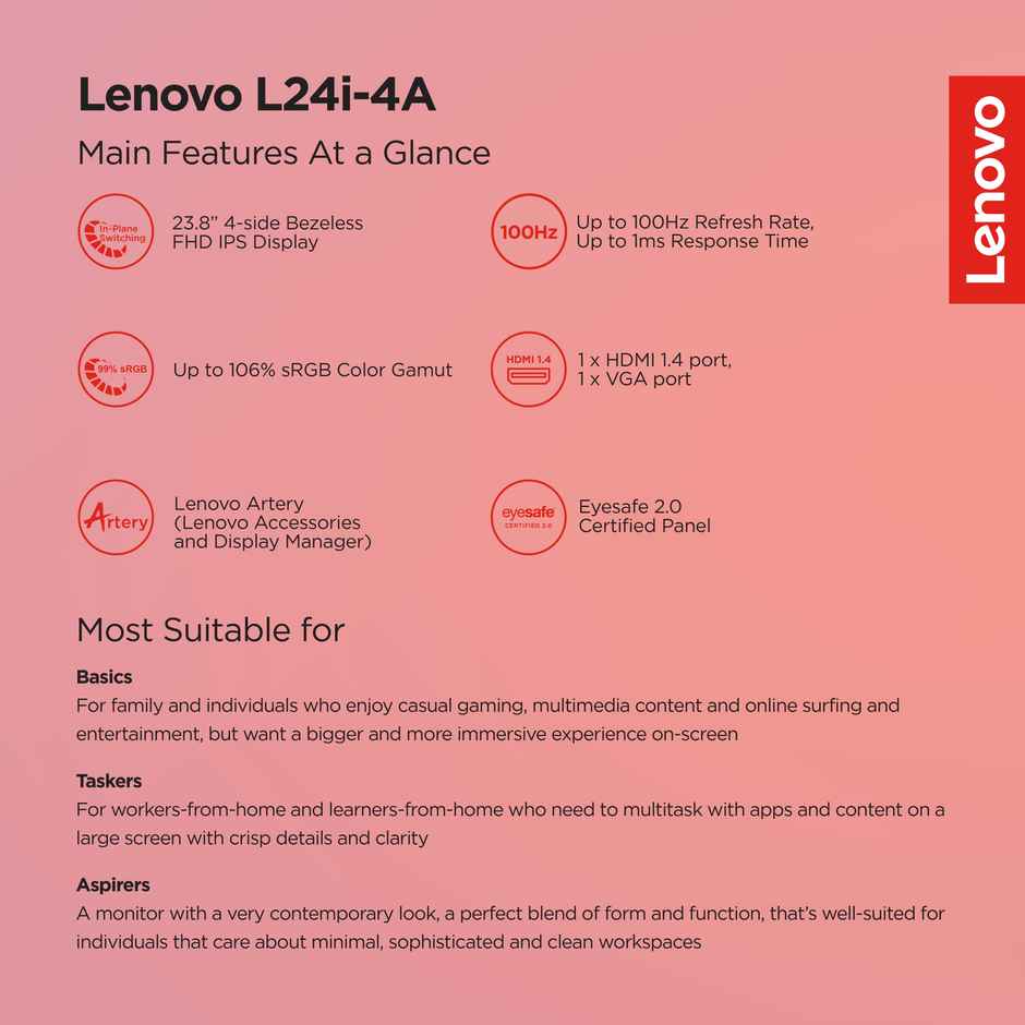 Lenovo L24i-4A, 24 in FHD IPS Monitor,100 Hz, 2x3W Speakers | Cloud Grey