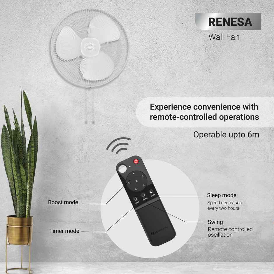 atomberg Renesa BLDC Wall Mount Fan,400mm,1500RPM,Remote Control,Timer & Sleep Control ,Snow White
