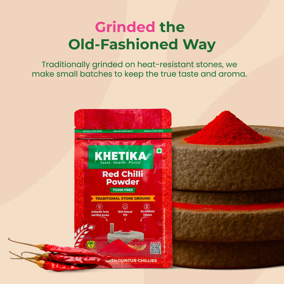 Khetika Red Chilli Powder | Guntur Chilli | Stone Ground | Toxin Free | No Added Preservatives