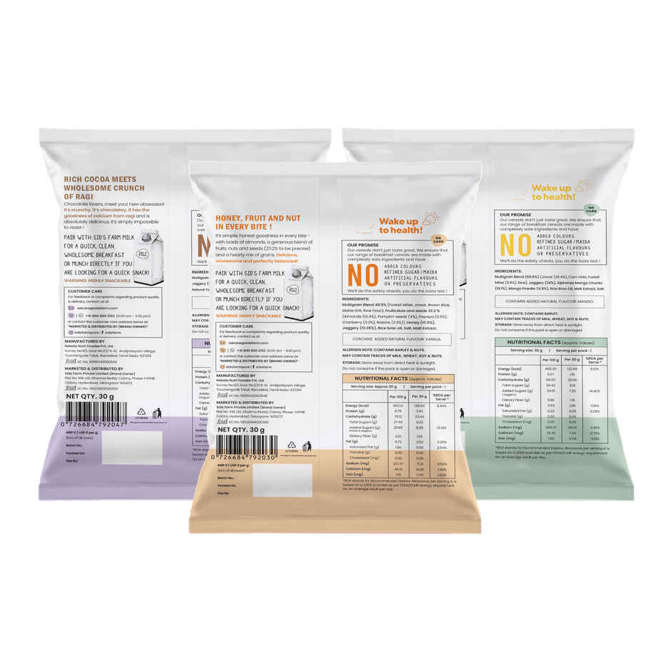 Sid's Farm Mango Millet Pops | Choco Ragi Crunchers | Honey Fruit - Nut Muesli | Assorted