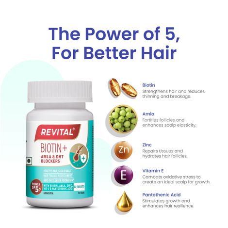 Revital Biotin with Zinc + DHT Blockers for Hair Growth | Vitamin E & Pantothenic Acid | 50 Tablets