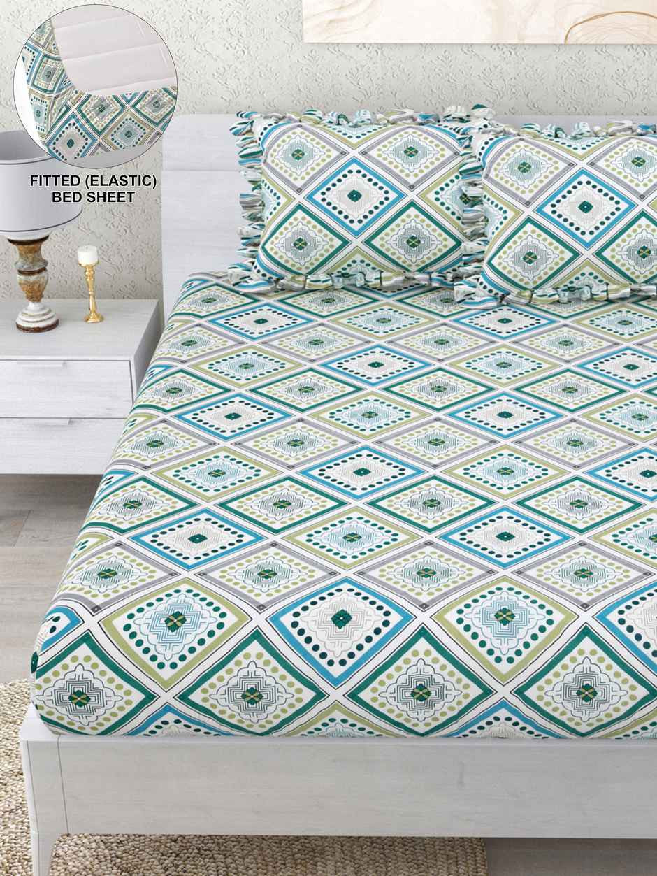 DREAM WEAVERZ Elastic Fitted Double Bedsheet | 2 Frill Pillow Covers | Polycotton | Green