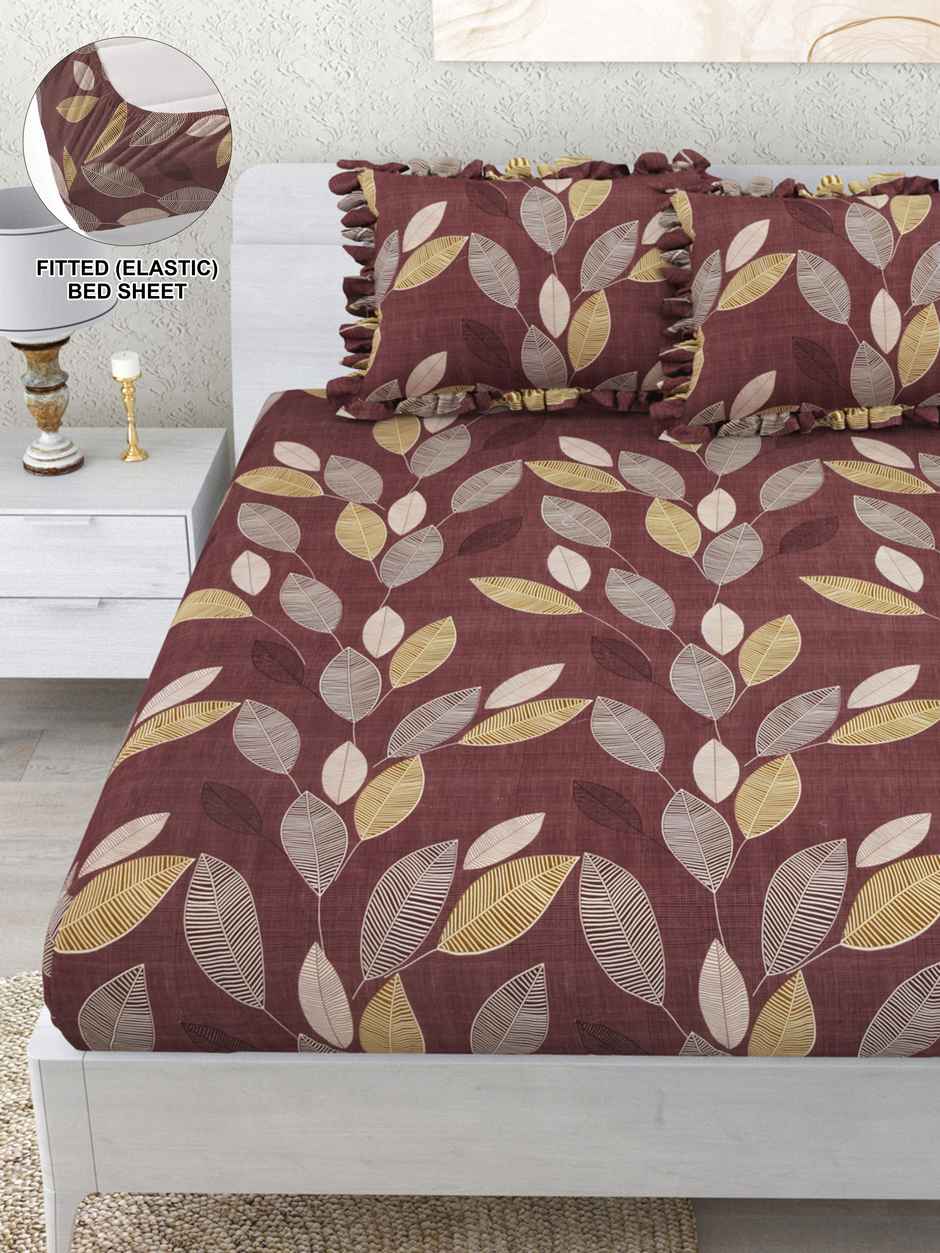 DREAM WEAVERZ Elastic Fitted Double Bedsheet | 2 Frill Pillow Covers | Polycotton | Brownish Purple