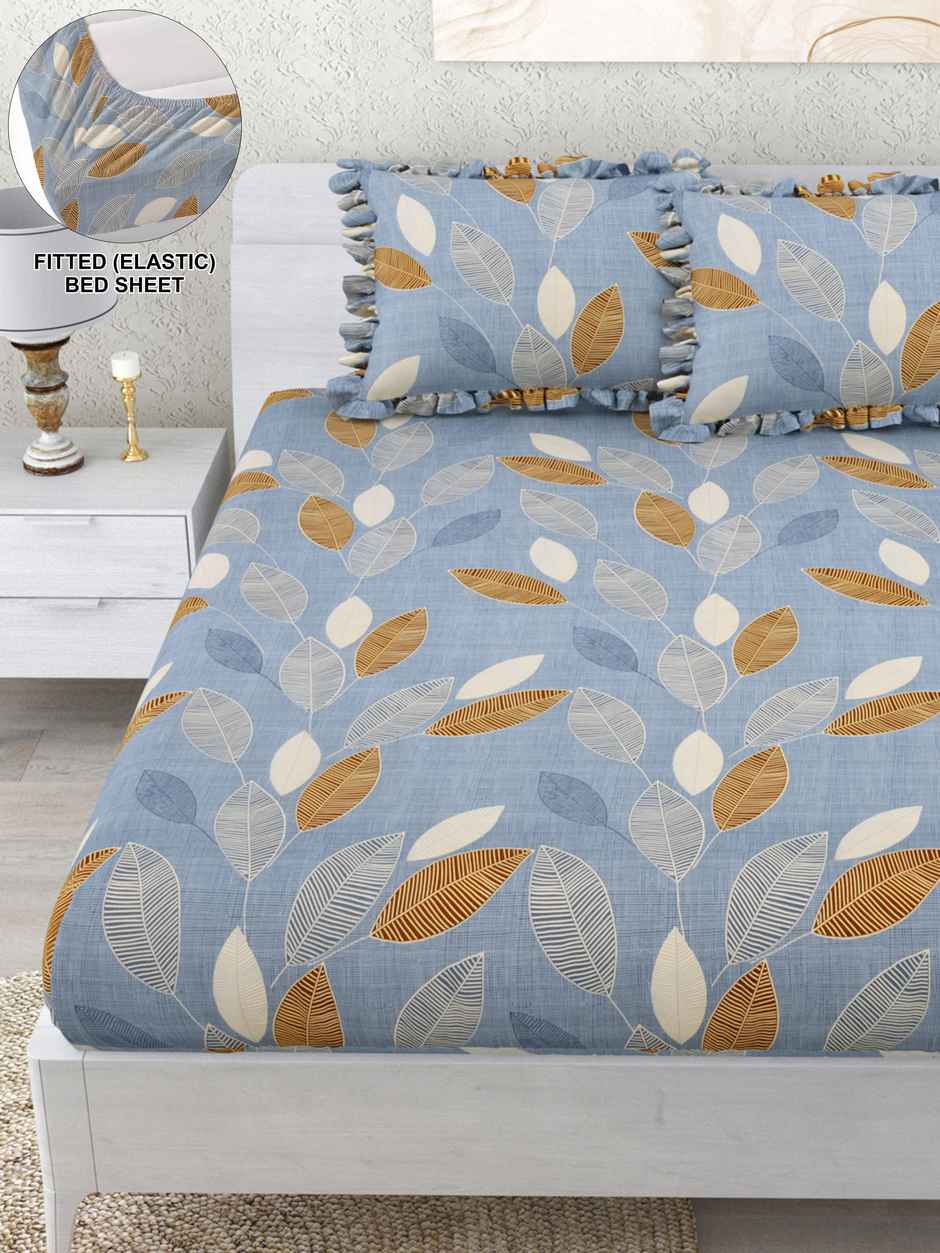 DREAM WEAVERZ Elastic Fitted Double Bedsheet | 2 Frill Pillow Covers | Polycotton | Rock Blue