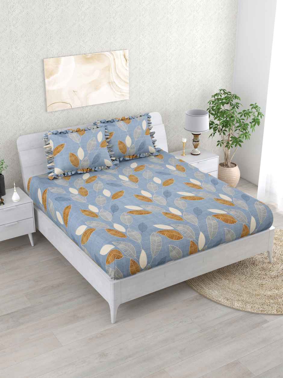 DREAM WEAVERZ Elastic Fitted Double Bedsheet | 2 Frill Pillow Covers | Polycotton | Rock Blue