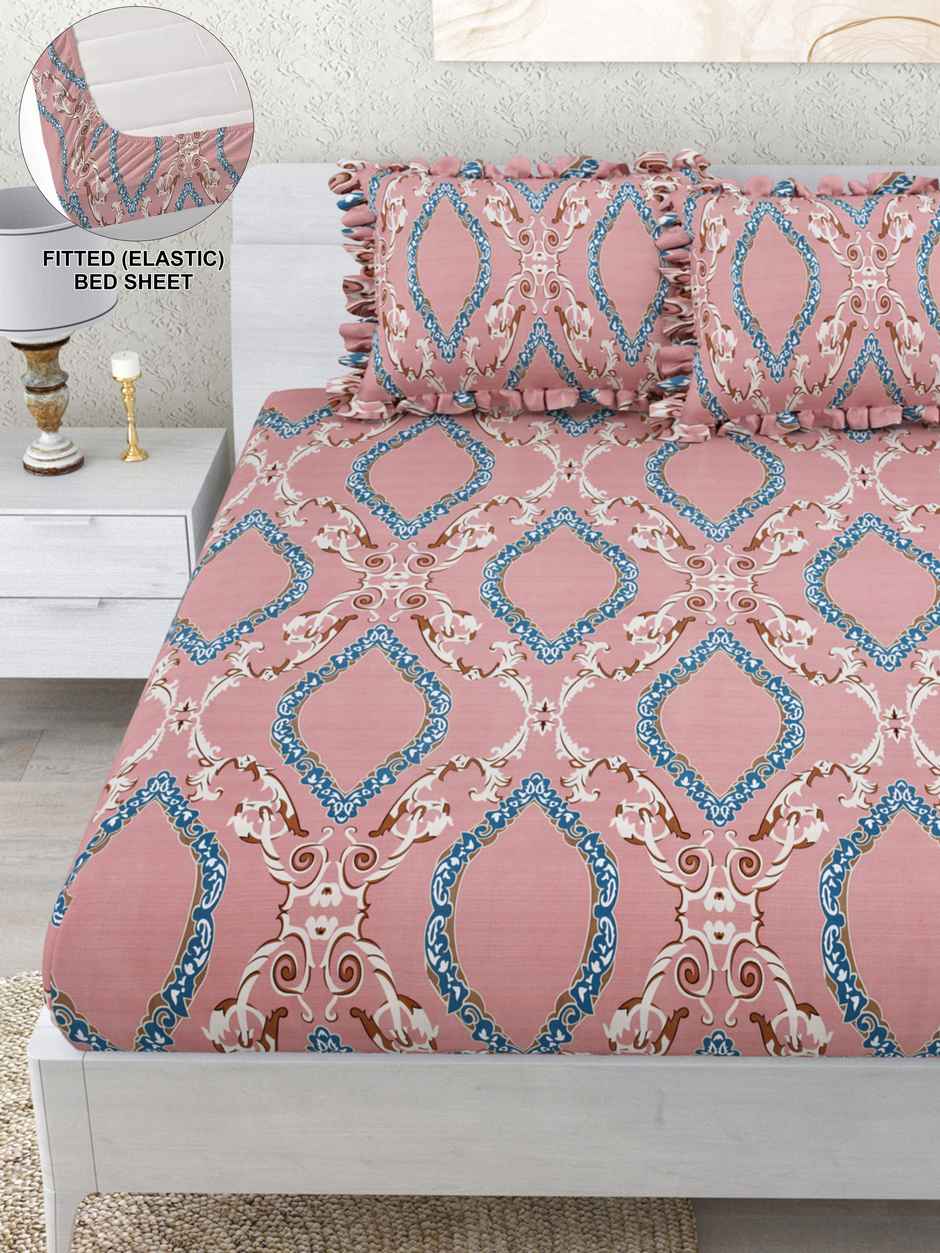 DREAM WEAVERZ Elastic Fitted Double Bedsheet | 2 Frill Pillow Covers | Polycotton | Pink