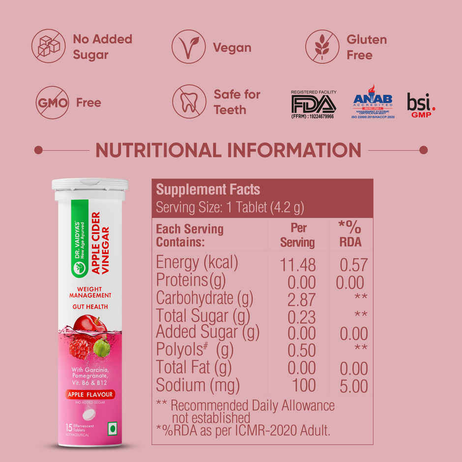 Dr. Vaidya's Apple Cider Vinegar Effervescent (Fizz) Tablets with Vitamin B6 & B12 | Weight Loss