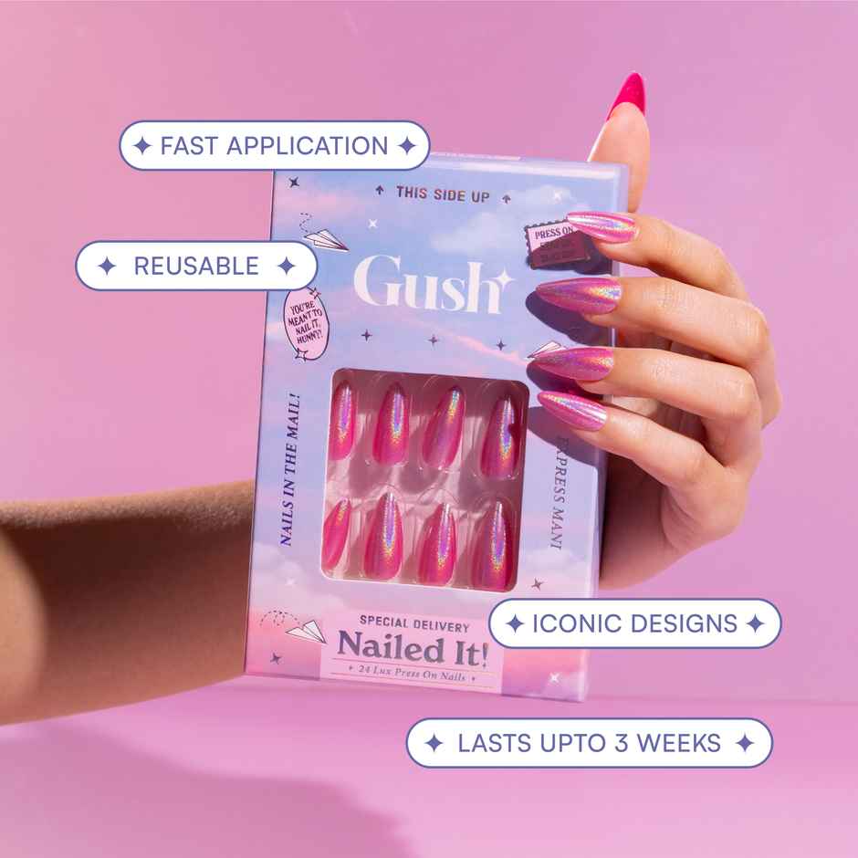 Gush Beauty Nailed It | Reusable Luxury Press On Nails | Medium Almond | Candy Land | Nude & Gold