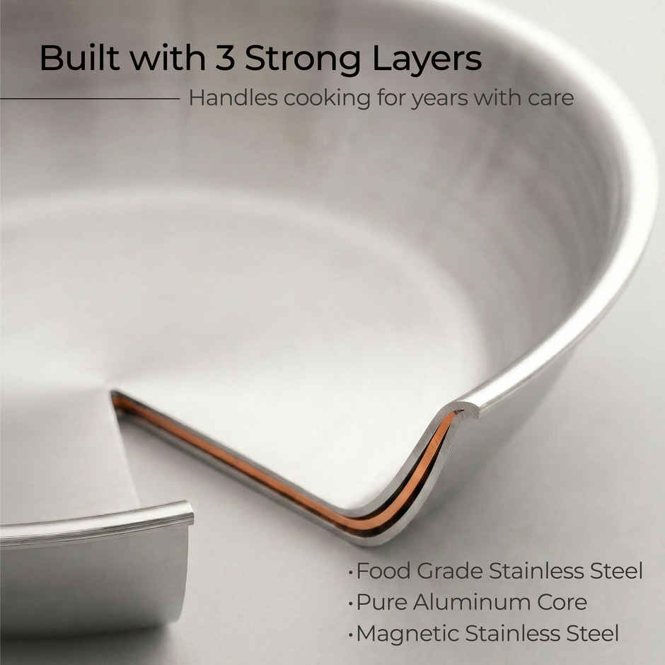 Lifelong Triply Fry Pan | 24 cm | 1.5 L | Induction & Gas Compatible | Silver