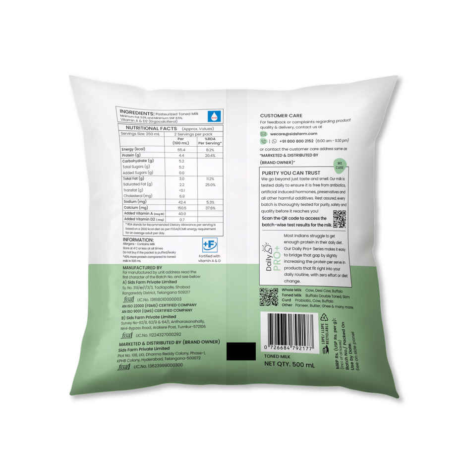 Sid's Farm Daily Pro+ Toned Fresh Milk | 22g Protein | Pouch