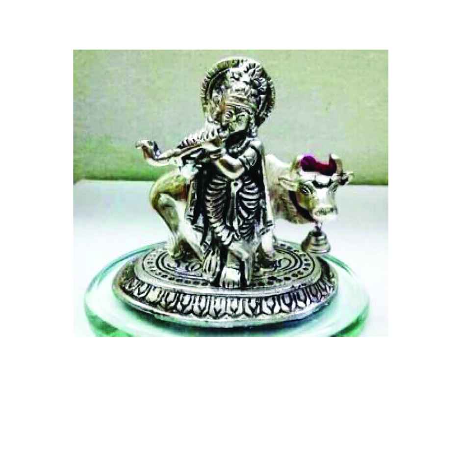 Krishna Ji Silver Plated Idol with Kamdhenu Cow Small Size | Devnidhi