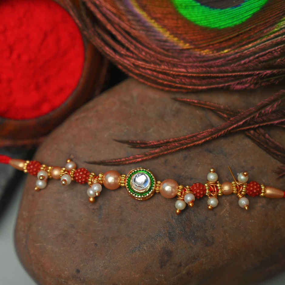 Aurum Pearl Rakhi With Rudhraksh & Ghugharu - Elegant Rakhi