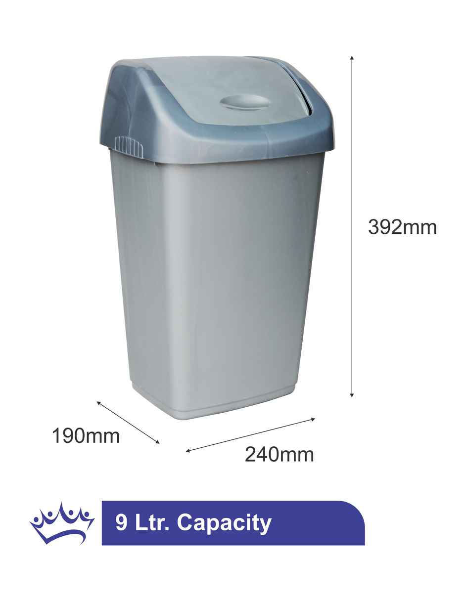 Princeware Garbage Container Dustbin With Swing Lid- 9 Liters- Grey