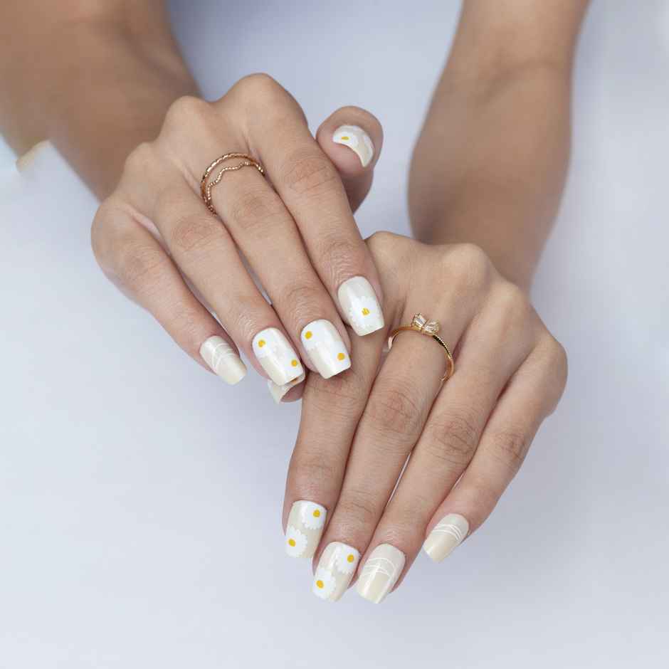 Pep Nails Buttercup Yellow Floral Medium Coffin Reusable Press On Nails 30 Nail Tips