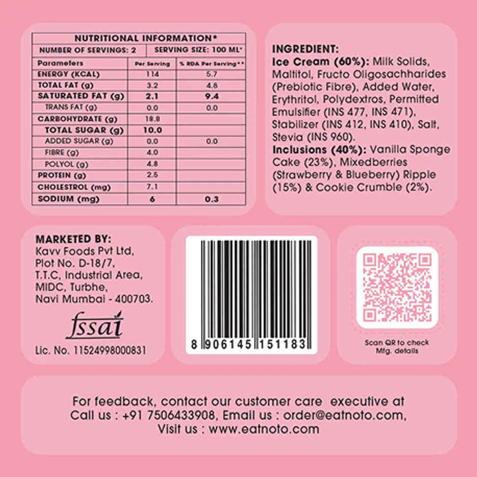 NOTO Berry Shortcake Sugar-Free Guilt Free Ice Cream Tub
