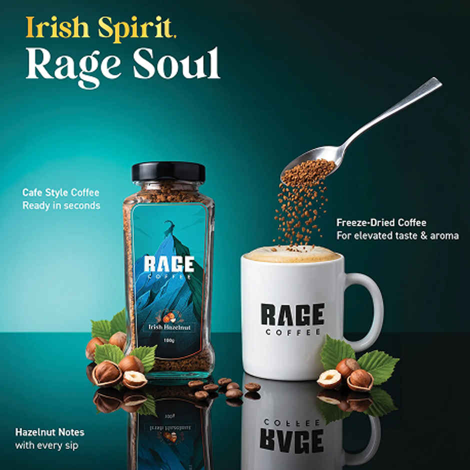 Rage Coffee Irish Hazelnut Flavour Premium Arabica Medium Roast Organic Instant Coffee